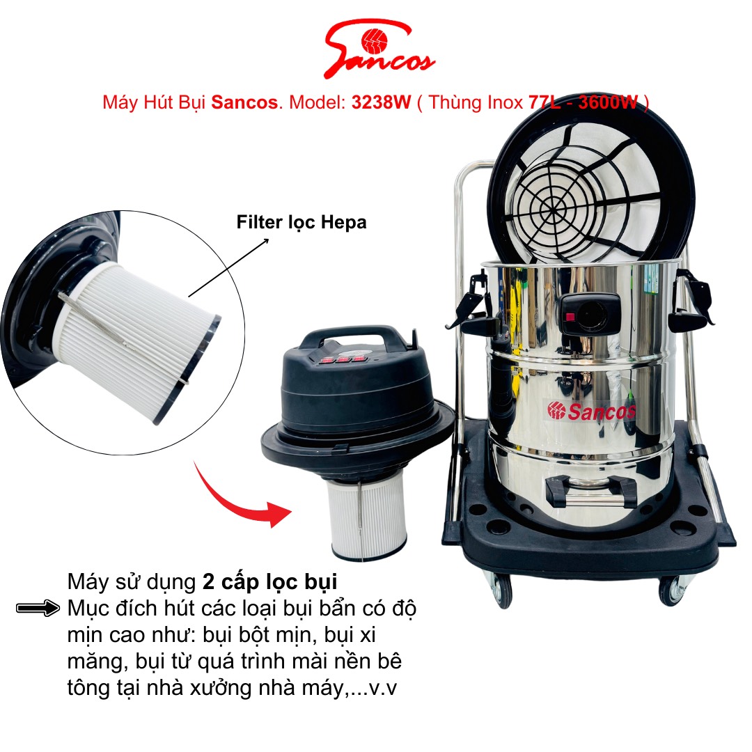 Máy hút bụi công nghiệp Sancos 3238W, thùng chứa 77L - Ảnh 4