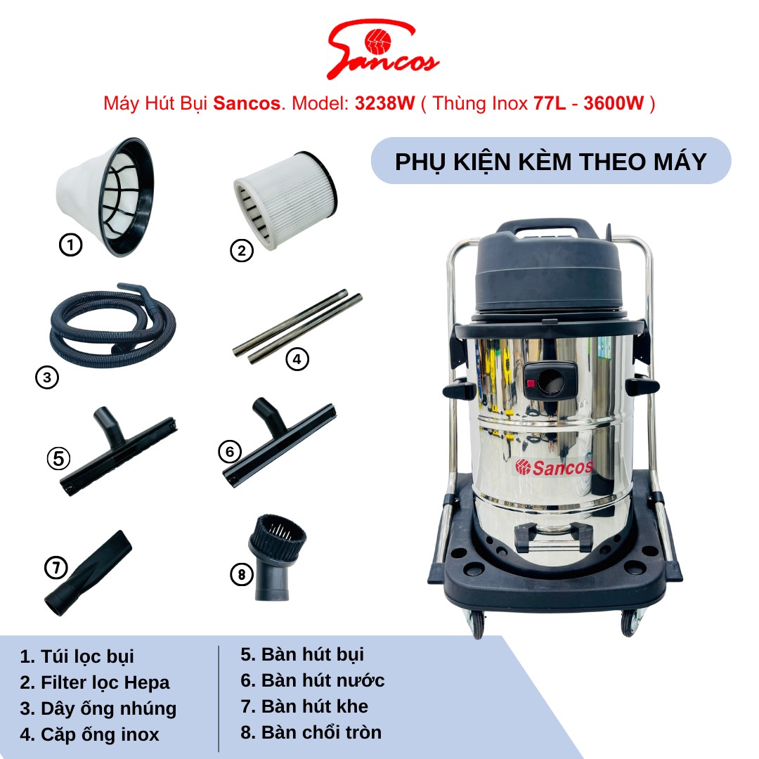Máy hút bụi công nghiệp Sancos 3238W, thùng chứa 77L - Ảnh 8